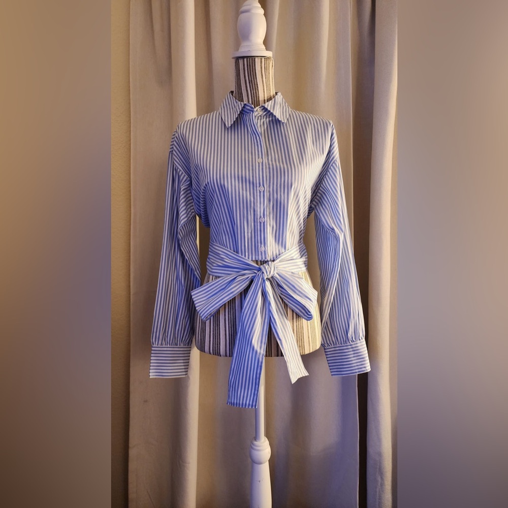 New blue white stripe cotton strip shirt button down bow
